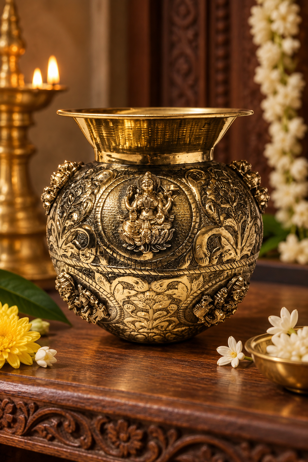 Antique handcrafted Ashtalakshmi brass kalash, traditional brass pooja item with intricate designs for religious rituals.