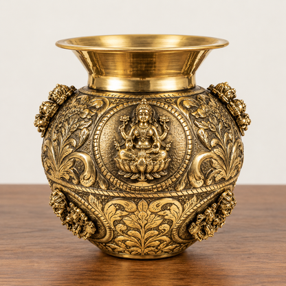 Antique handcrafted Ashtalakshmi brass kalash for pooja, showcasing intricate traditional design and polished brass finish.