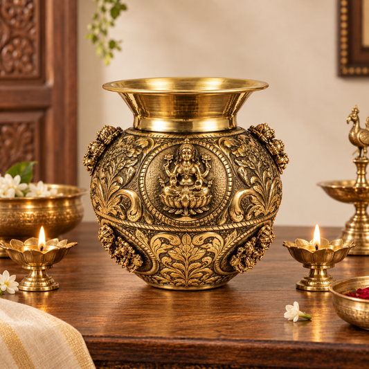 Antique handcrafted Ashtalakshmi brass kalash for puja, featuring detailed traditional design and brass finish.