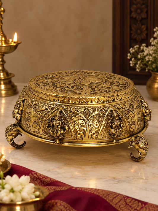 Royal Antique Brass Astalakshmi Carved Chowki – Ornate Puja Aasan & Decorative Pedestal