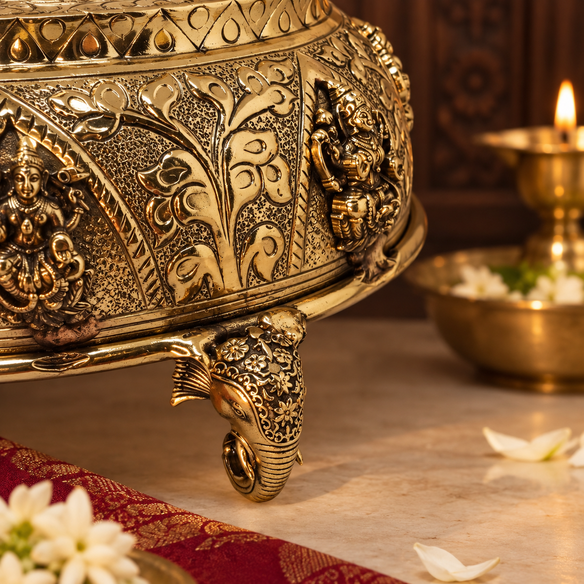 Antique brass Astalakshmi carved chowki from The Gharnish, decorative puja pedestal with intricate designs for religious ceremonies.