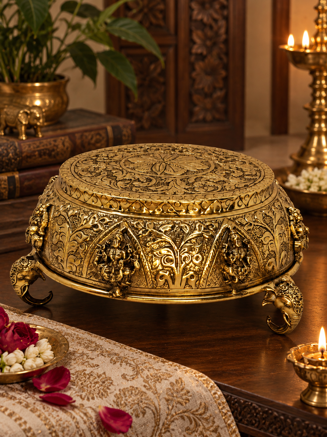 Antique brass Astalakshmi carved chowki from The Gharnish, ornate puja aasan and decorative pedestal for spiritual offerings.