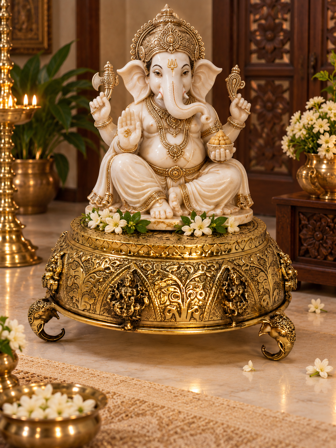 Elegant brass Astalakshmi carved chowki from The Gharnish, ornate puja pedestal and decorative brass puja item.