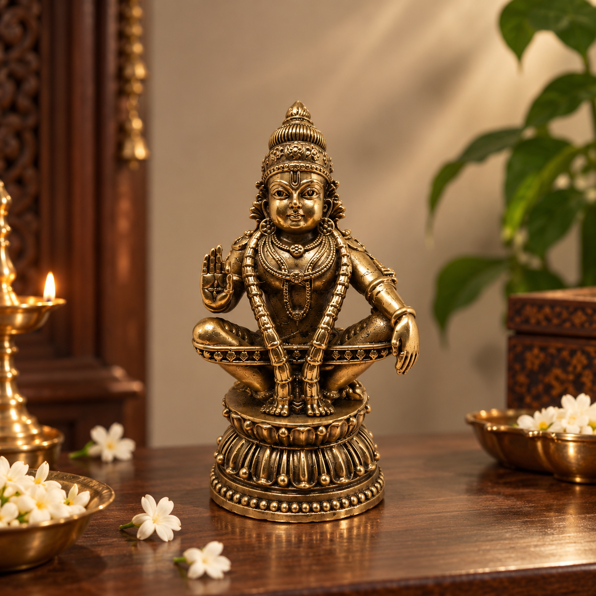 Antique brass idol of Sri Ayyappa Swamy, a traditional brass pooja item displayed with intricate craftsmanship.