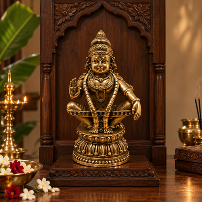 Antique brass idol of Sri Ayyappa Swamy, a traditional brass pooja item with intricate detailing and a polished finish.