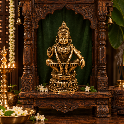 Antique brass idol of Sri Ayyappa Swamy, a traditional brass pooja item with intricate detailing, perfect for religious offerings.