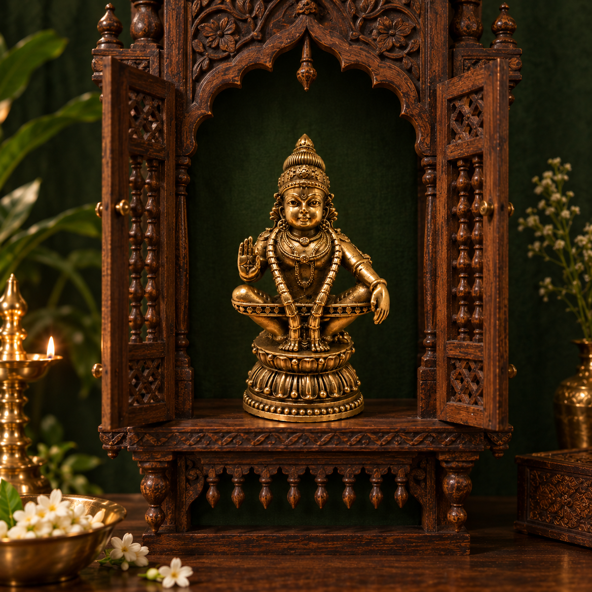 Antique brass idol of Sri Ayyappa Swamy, traditional brass pooja item with detailed craftsmanship, suitable for religious offerings