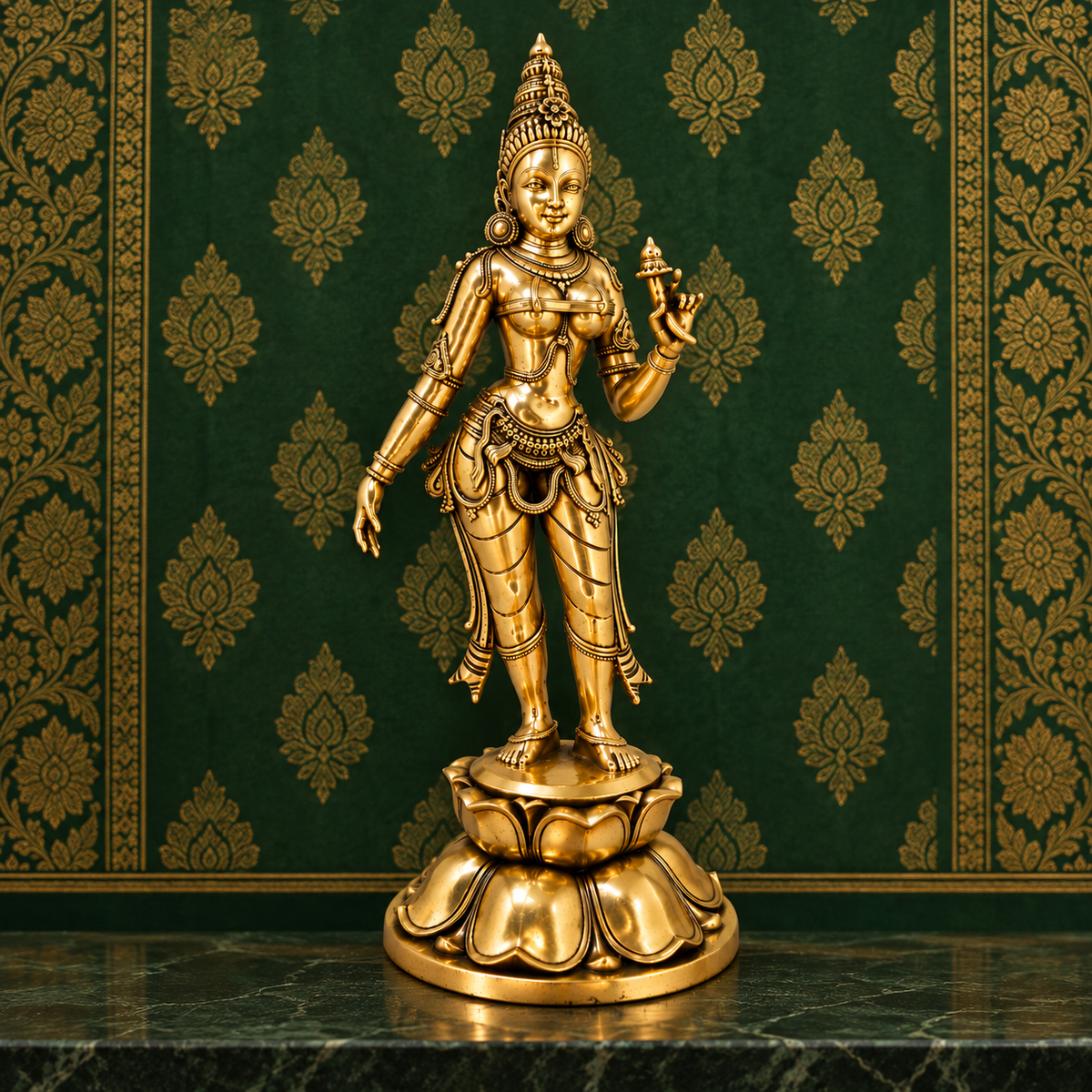 Antique brass Tara Devi statue with traditional lotus base, ideal for puja and spiritual offerings, crafted by The Gharnish.