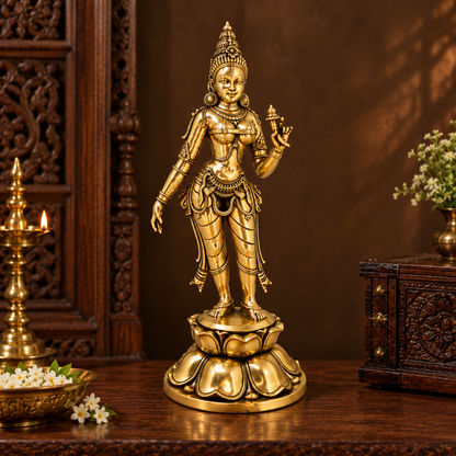 Antique brass Tara Devi statue on traditional lotus base, part of brass pooja items for worship and decorative purposes.