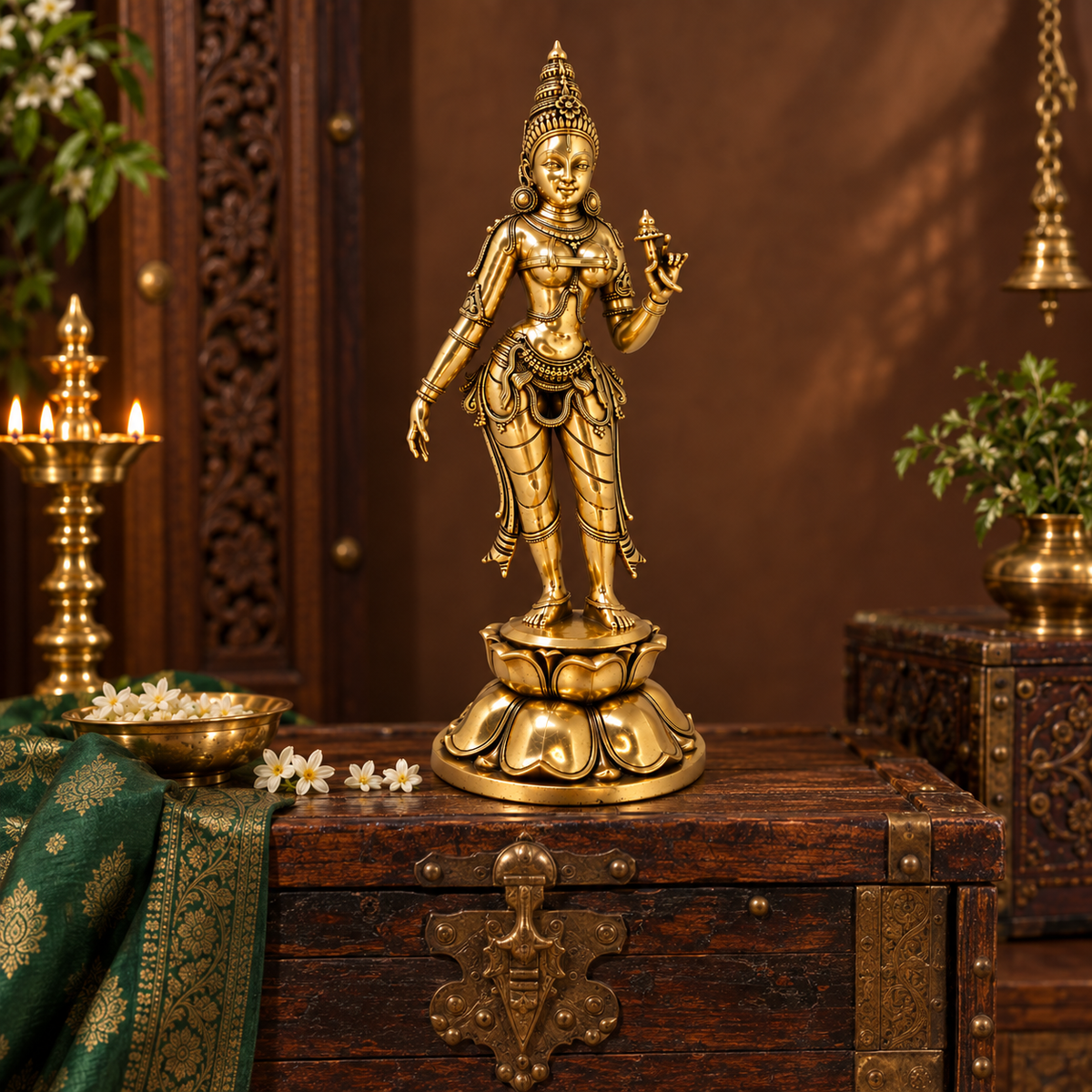Antique brass Tara Devi statue with traditional lotus base, ideal for puja and spiritual decor, by The Gharnish.
