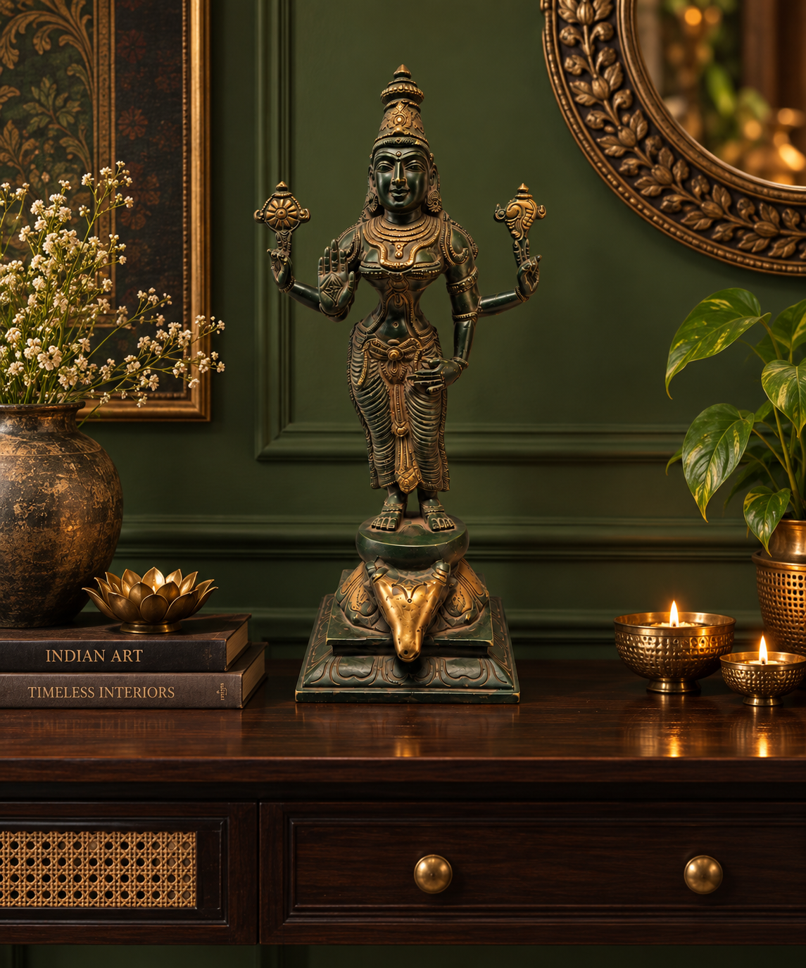Antique brass Durga Devi statue with traditional green bronze finish, ideal for puja and temple décor.