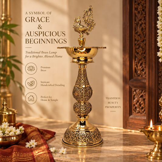 Pair of antique brass peacock deepam lamps for traditional pooja, crafted by The Gharnish by Satkala Creations.