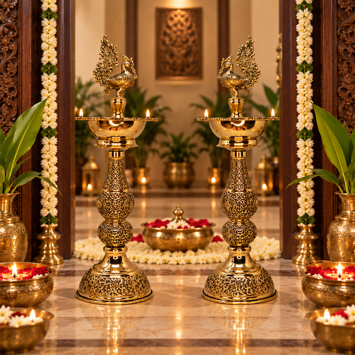 Pair of antique brass peacock deepam traditional pooja lamps by The Gharnish, featuring intricate peacock designs for religious ceremonies.