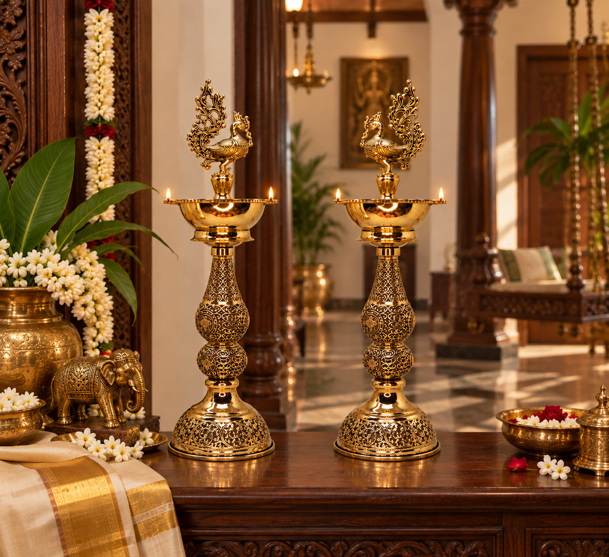 Pair of antique brass peacock deepam lamps, traditional brass pooja items for spiritual rituals and decorative lighting.