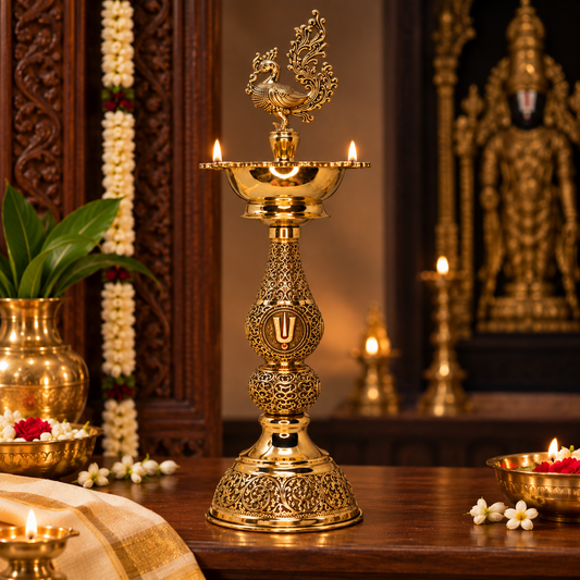 Antique Brass Decorated Traditional Peacock Deepam Set of 2