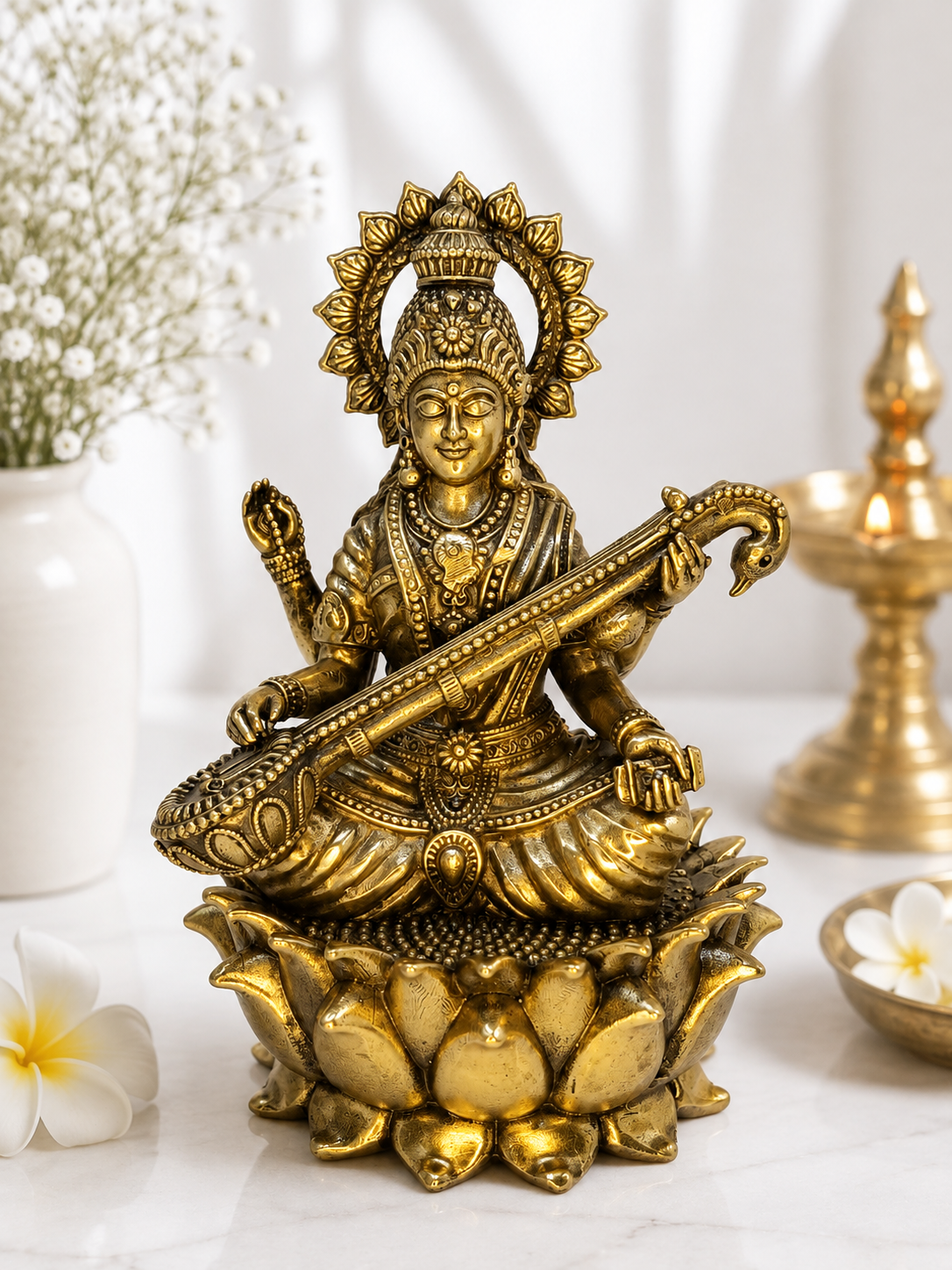 Luxury Brass Saraswati Mata Idol – Goddess Saraswati Statue with Veena & Lotus