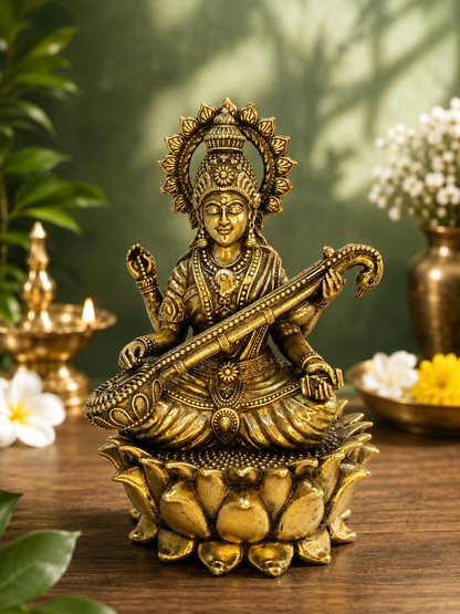Luxury Brass Saraswati Mata Idol – Goddess Saraswati Statue with Veena & Lotus