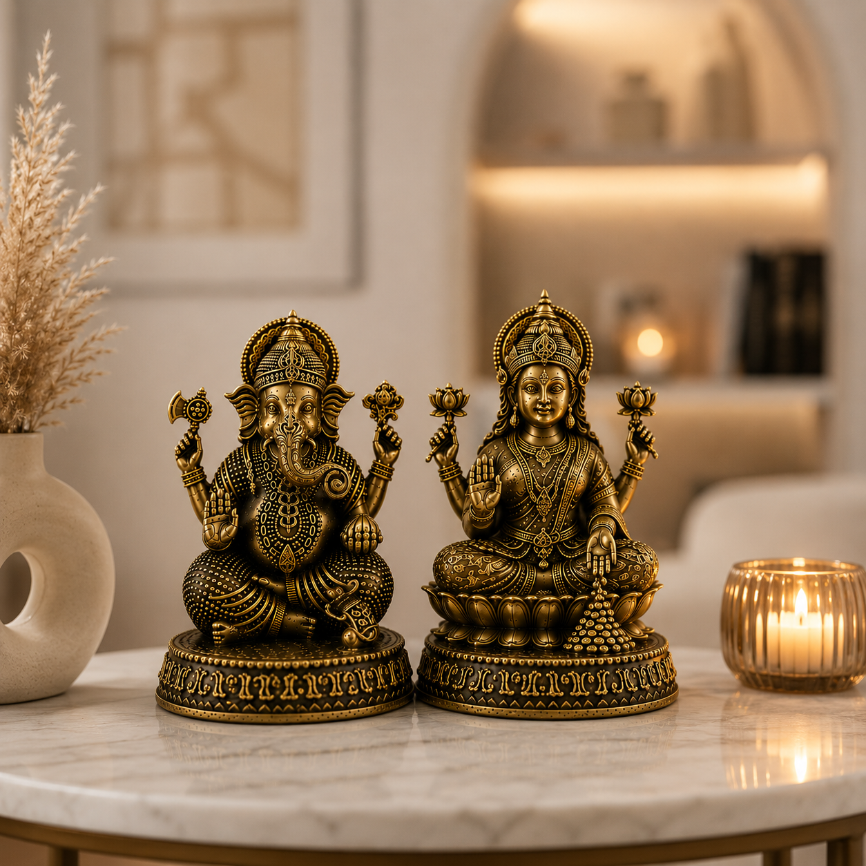 Antique Brass Ganesha & Lakshmi Idol Set – Divine Hindu God Statues for Home Décor & Puja