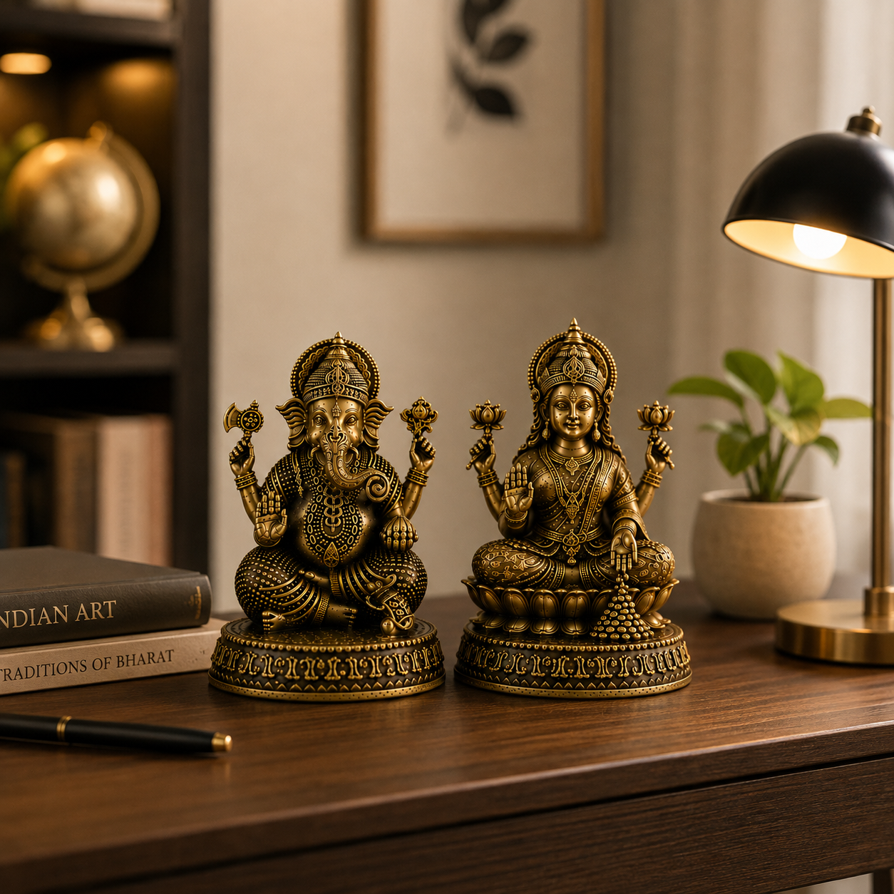 Antique Brass Ganesha & Lakshmi Idol Set – Divine Hindu God Statues for Home Décor & Puja