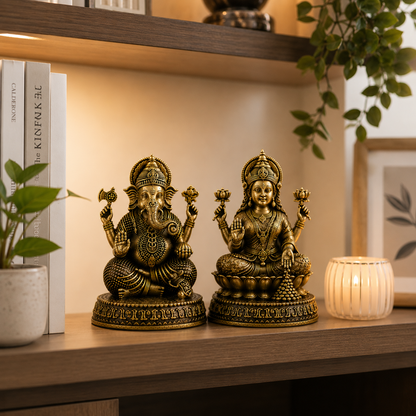 Antique Brass Ganesha & Lakshmi Idol Set – Divine Hindu God Statues for Home Décor & Puja