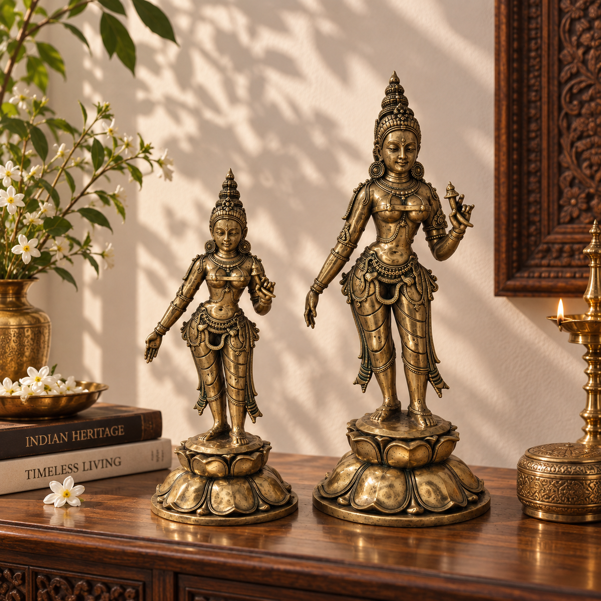 Antique brass Tara Devi statue with traditional lotus base, ideal for puja and spiritual offerings, crafted by The Gharnish.
