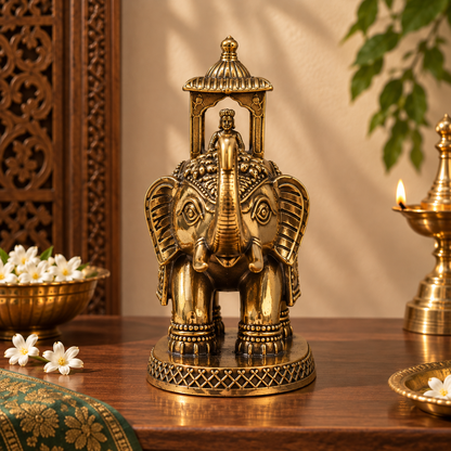 Antique brass Eravat elephant with ornate howdah, traditional brass pooja item, detailed craftsmanship from The Gharnish.