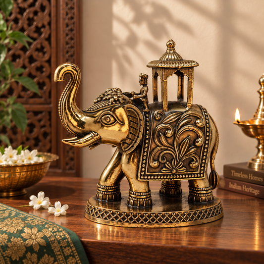 Antique Brass Eravat Elephant with Ornate Howdah