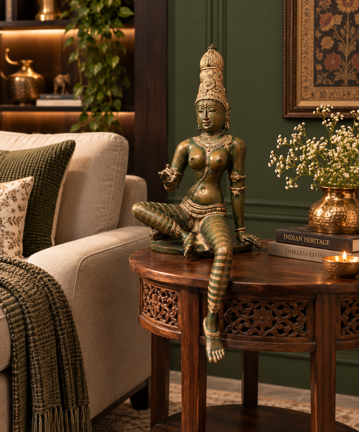 Antique seated Tara Devi statue in verdigris bronze finish, crafted as a brass pooja item, showcasing intricate traditional design.