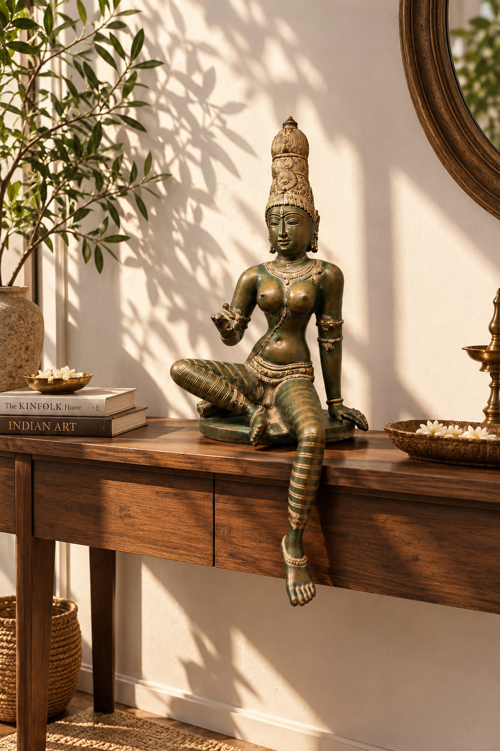 Antique Brass Tara Devi statue with verdigris bronze finish, seated figure for pooja, crafted by The Gharnish.