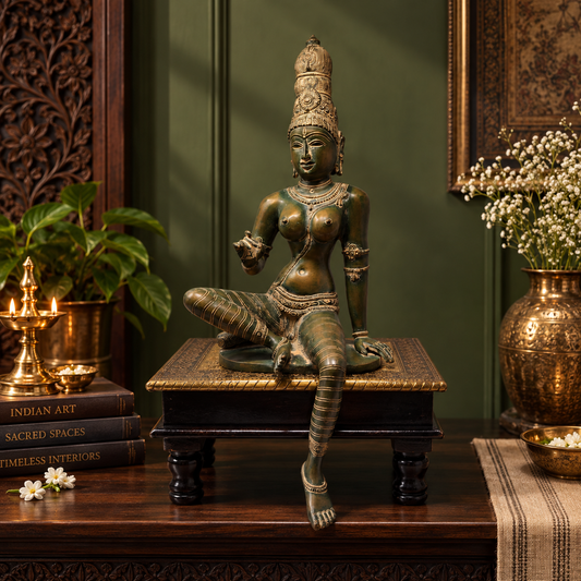 Antique Seated Tara Devi Statue – Verdigris Bronze Finish