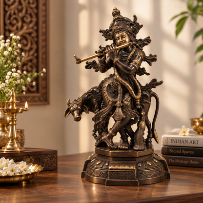 Antique brass Divine Krishna with cow showpiece, a traditional brass pooja item featuring intricately detailed religious figurine.