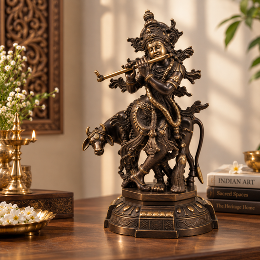 Divine Krishna with Cow – Antique Brass Showpiece