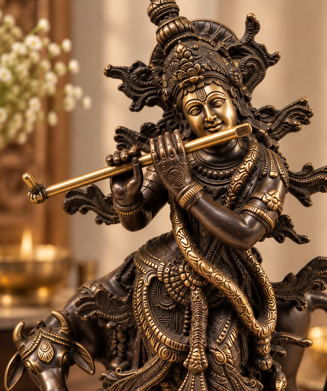 Antique brass Divine Krishna with cow showpiece, a traditional brass pooja item showcasing intricate craftsmanship.
