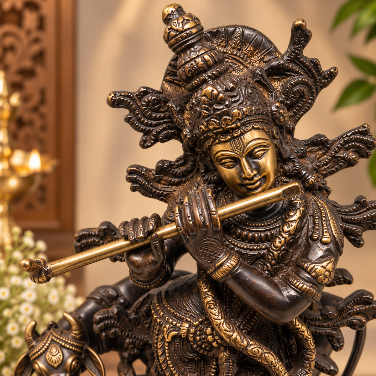 Antique brass Divine Krishna with cow showpiece from The Gharnish, featuring intricate detailing and traditional pooja decor.