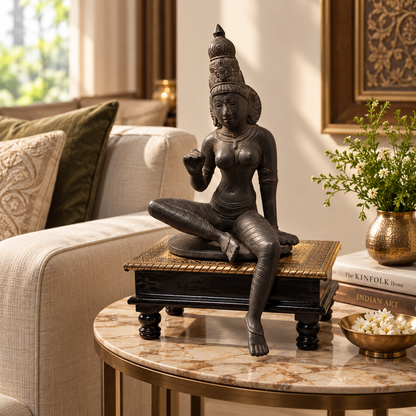 Antique brass goddess murti for traditional Indian decor, crafted as a vintage brass pooja item with intricate detailing.