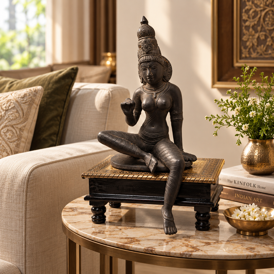 Antique brass goddess murti for traditional Indian decor, crafted as a vintage brass pooja item with intricate detailing.