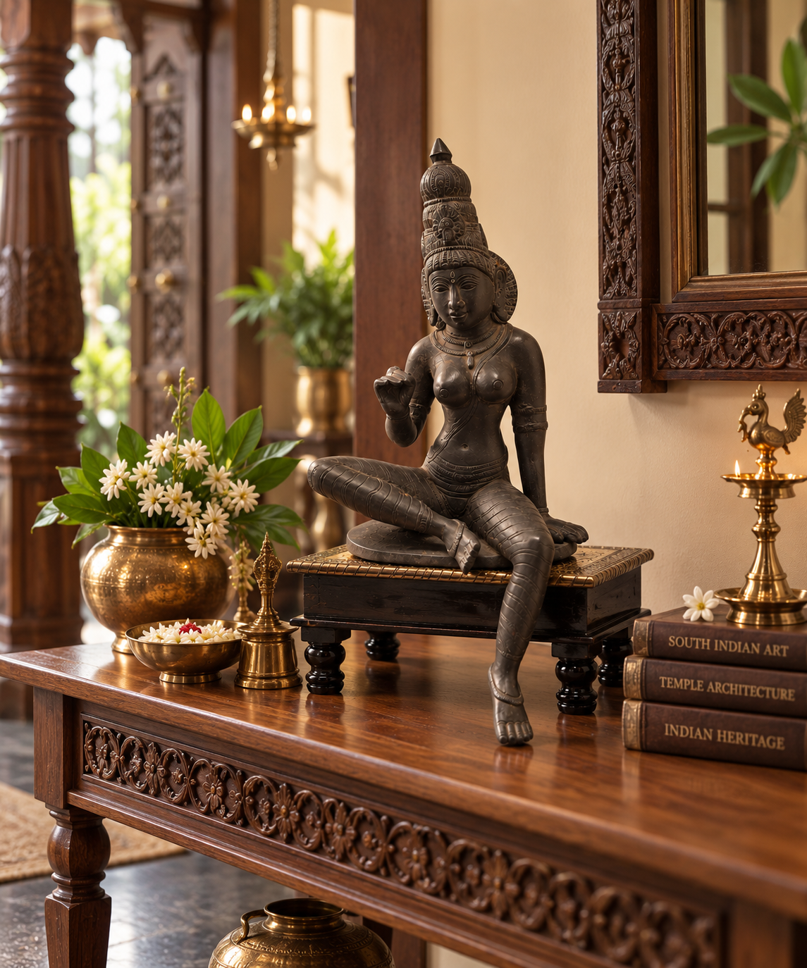 Antique brass goddess murti, traditional Indian decor, vintage brass pooja item with intricate detailing and antique finish.