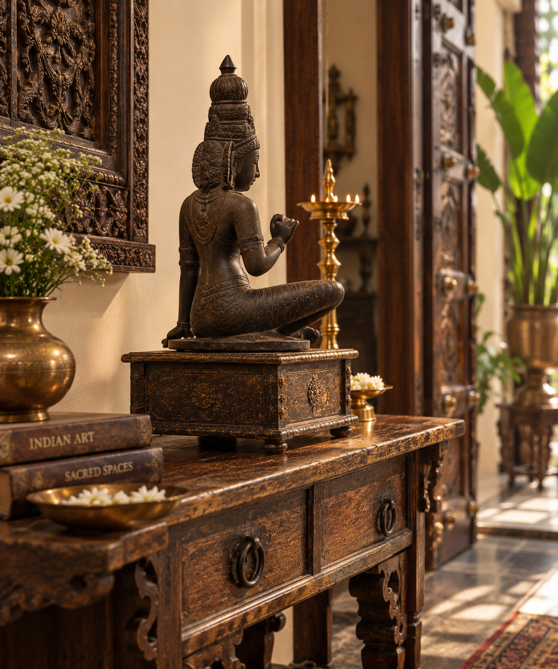 Antique brass goddess Murti for traditional Indian decor, featuring detailed craftsmanship, part of brass pooja items collection.