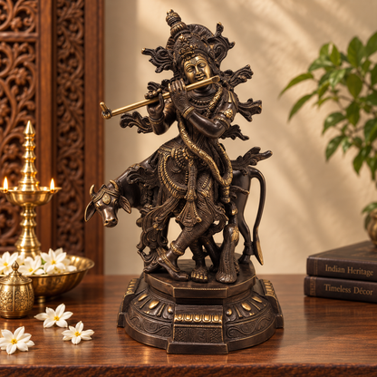 Antique brass Divine Krishna with cow showpiece, a traditional brass pooja item featuring detailed craftsmanship.