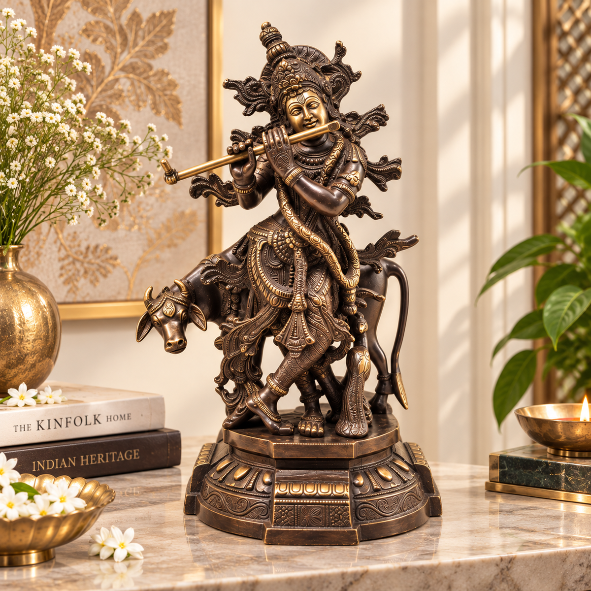 Antique brass Divine Krishna with cow showpiece, a traditional brass pooja item showcasing intricate craftsmanship and religious symbolism.