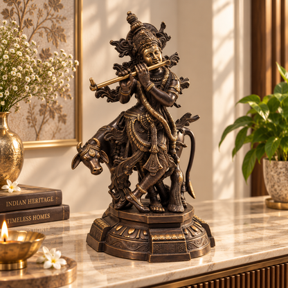 Antique brass Divine Krishna with cow showpiece, a traditional brass pooja item showcasing intricate craftsmanship and religious symbolism.