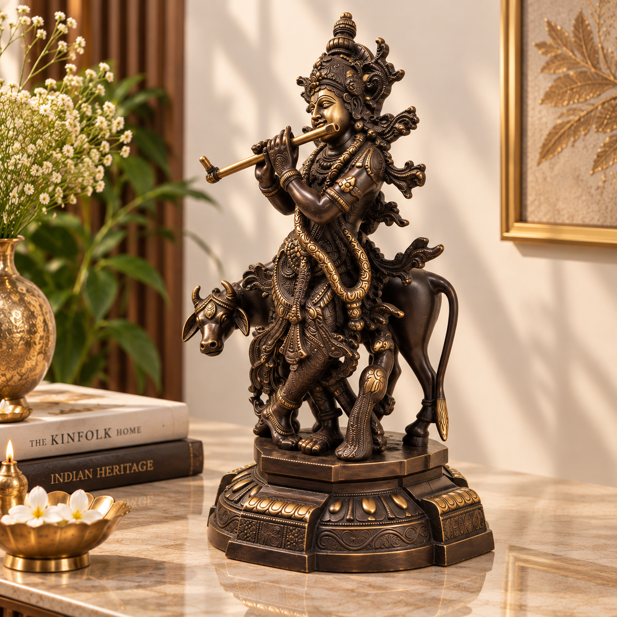 Antique brass Divine Krishna with cow showpiece, detailed craftsmanship, ideal for brass pooja items and spiritual decor.