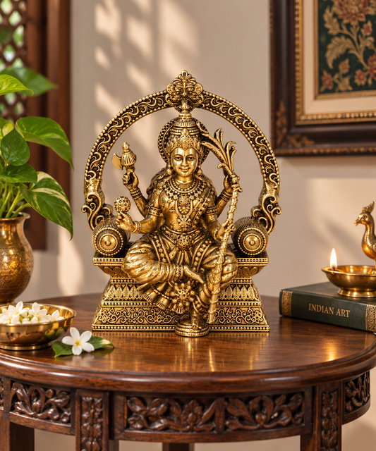 Brass Rajarajeshwari Amman statue with antique finish, ideal for home or office decor and pooja rituals.