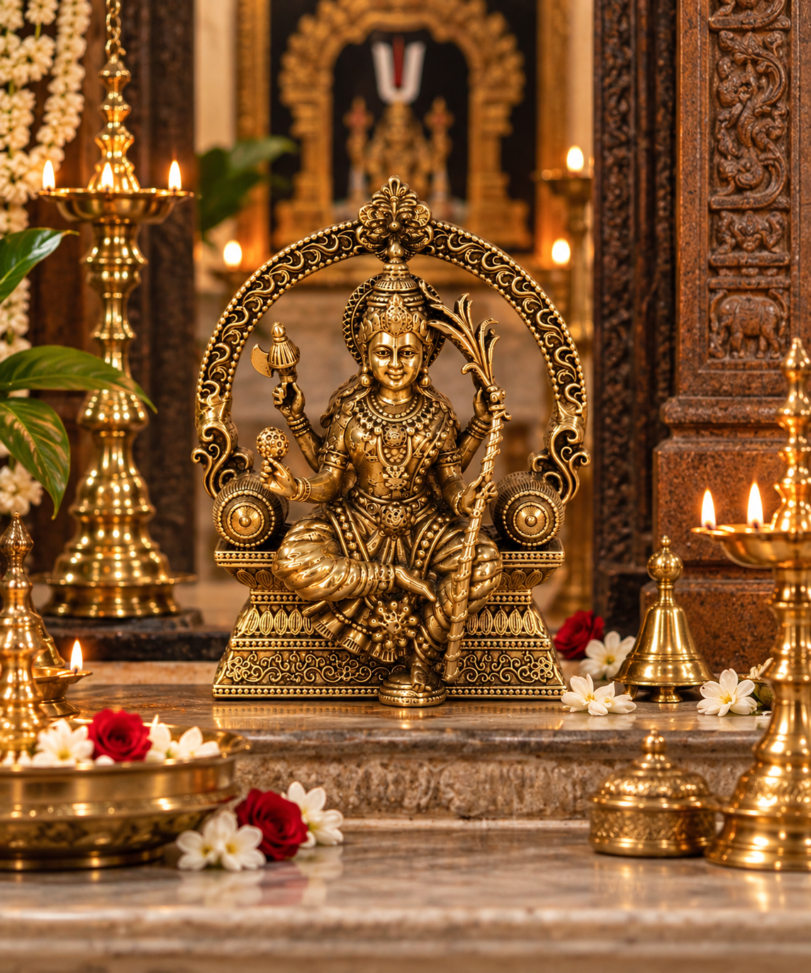 Brass Rajarajeshwari Amman statue with antique finish, ideal for home or office puja, crafted by The Gharnish.
