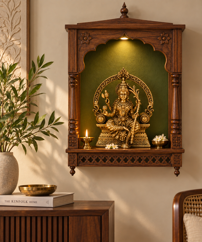 Antique finish brass Rajarajeshwari Amman statue for home and office decor, part of brass pooja items collection.