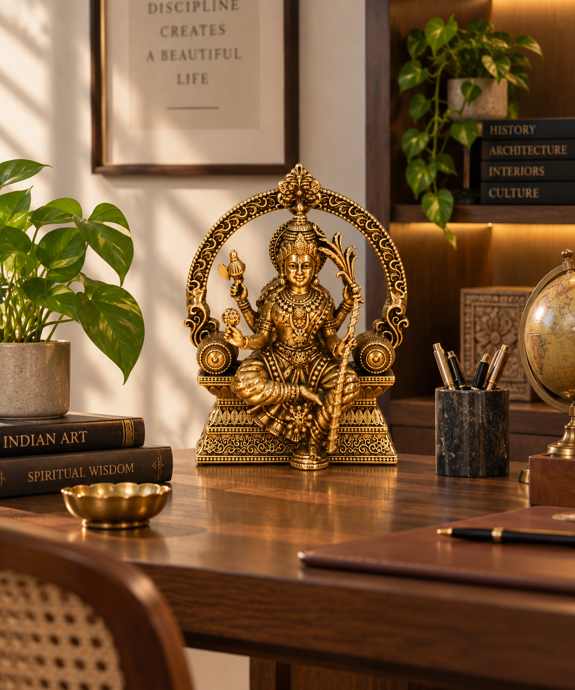 Brass Rajarajeshwari Amman statue with antique finish, ideal for home and office puja, from The Gharnish brass pooja items collection.