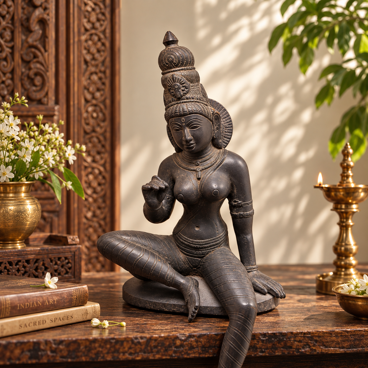 Antique brass goddess murti, traditional Indian decor for pooja, featuring intricate design and vintage brass finish.