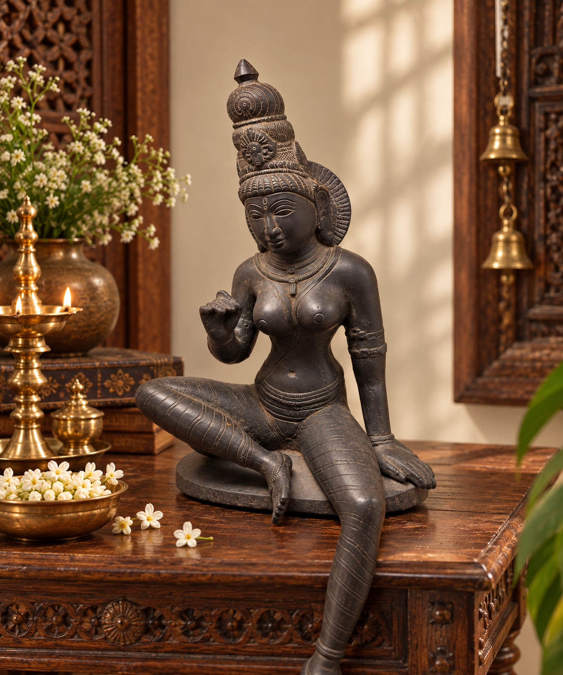 Antique brass goddess murti, traditional Indian decor, part of brass pooja items collection, detailed craftsmanship by The Gharnish.