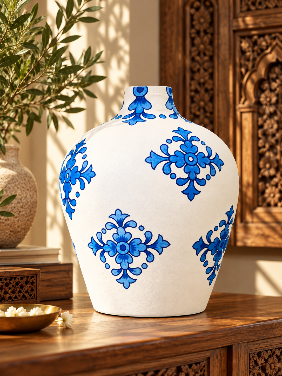 Oversized hand-painted ceramic blue pottery vase with intricate patterns, designed by The Gharnish, perfect for decorative display.