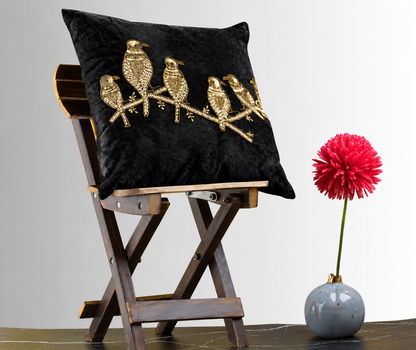 Velvet bird beaded sequin cushion cover by TheGharnish featuring intricate beadwork and shimmering sequins on soft velvet fabric.